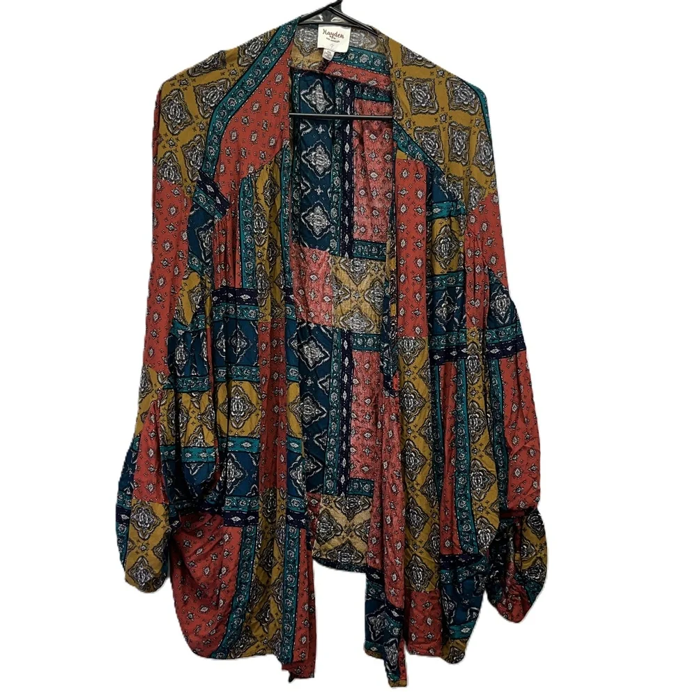 Hayden‎ Los Angeles Rust Multi Patchwork Print Kimono Long Sleeve Flowy Size 1X